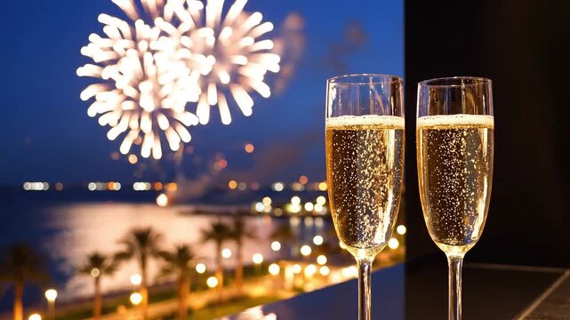 Two elegant champagne flutes on a balcony overlooking a beautiful waterfront with bright fireworks illuminating the dark night sky