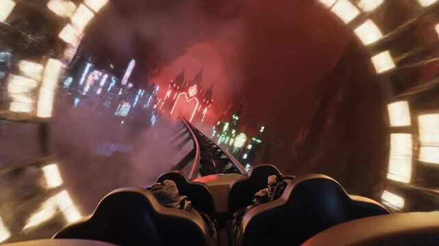 First-person view of a thrilling roller coaster ride through a dark, futuristic, neon-lit tunnel