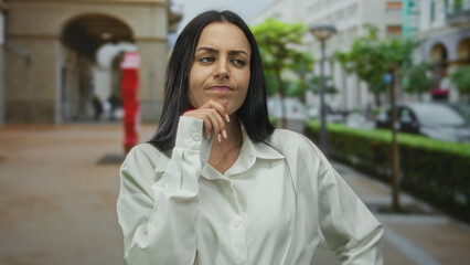 Fototapeta premium Woman in white shirt stands puzzled on a busy city street with her arms raised, conveying confusion and uncertainty outdoors in an urban setting.