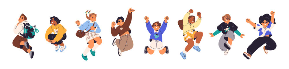 Cute kids are jumping for joy set. Happy children leap in the air, hands up and rejoice. Funny little girls and boys have fun and celebrate winning. Flat isolated vector illustrations on white.