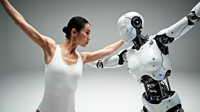 Humanoid robot and dancer performing synchronized ballet