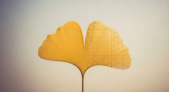 A yellow ginkgo biloba leaf with a unique pattern on one half against a gradient background