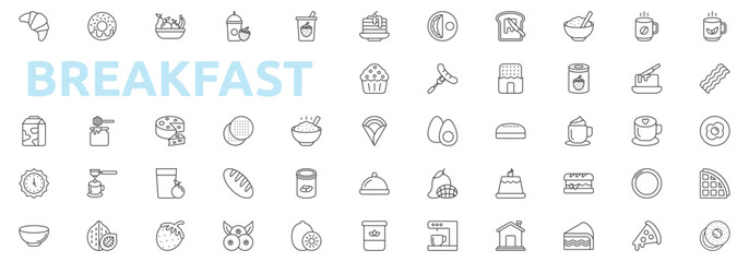 Breakfast icon set outline style with pancake, omelette, toast, cereal, coffee, tea, bacon, egg, waffle, bagel, croissant, donut, fruit, smoothie, yogurt icons