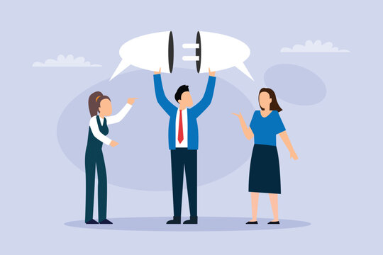 Workplace Communication and Mediation Concept: Businessman Connecting Speech Bubble Plugs Between Colleagues 2d flat vector illustration