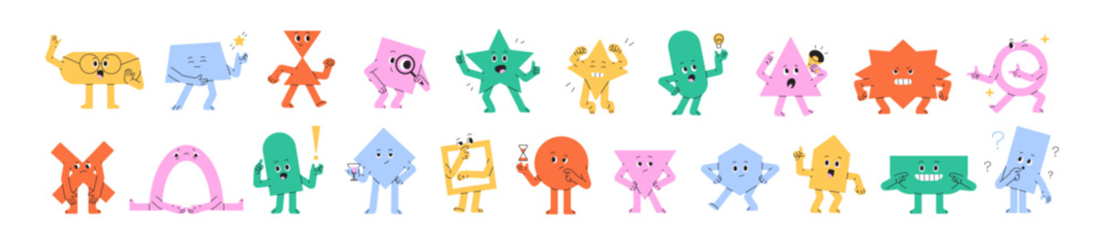 Cute geometric shapes set. Abstract maths figures with different emotions. Funny characters for school education with various hand gestures. Flat isolated vector illustrations on white background.