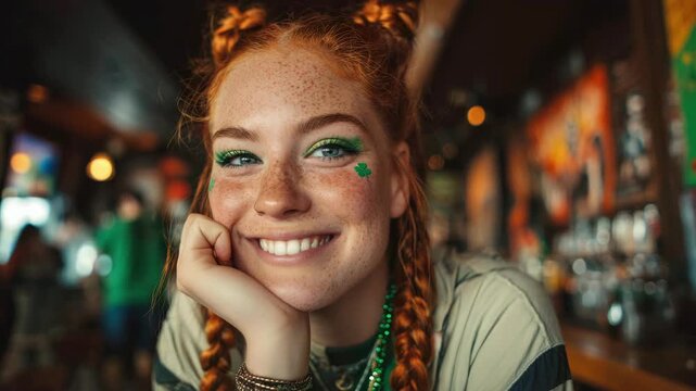 A smiling young woman with orange braids and bright green makeup sits at a table in a bar. Concept for celebrating St. Patrick's Day in an Irish pub
