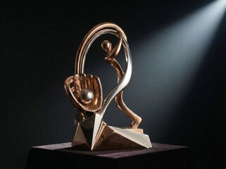 A bronze sculpture of a person with a pearl on display under spotlight