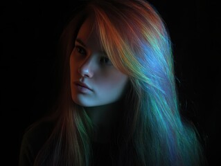 Naklejka premium Beautiful woman looking away, vibrant rainbow light on hair against dark background