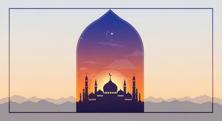 Obraz premium Silhouette of a mosque against a vibrant sunset sky, symbolizing Islamic culture and spiritual tranquility during Ramadan