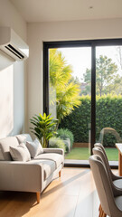 Fototapeta premium Cozy living room with modern furniture, large windows, and lush greenery outside, creating serene atmosphere