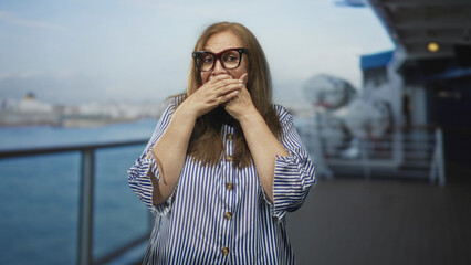 Fototapeta premium Woman senior covers mouth with both hands, wearing glasses and striped blouse on ship deck building with railing and lifebuoy visible; surprise.