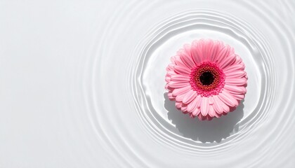 Minimalist white background with a pink gerbera flower floating on water, with ripples and shadows shown from a top view texture