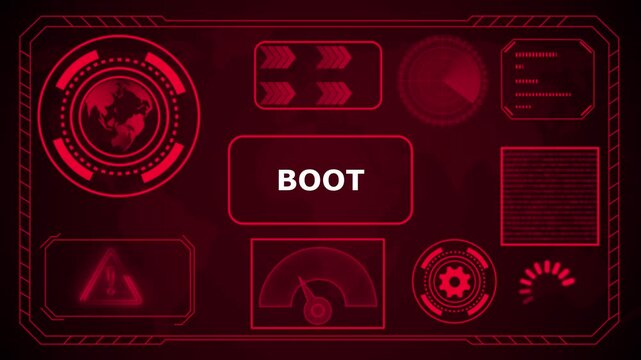 Futuristic HUD interface with "Boot" acronym in glowing blue concentric circles and digital background, HUD The world digital data cyber technology background. 4k animation video