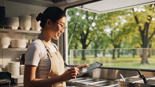 Food truck owner using tablet for orders and inventory management outdoors