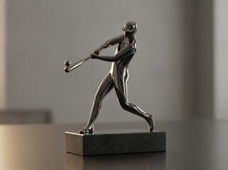 A bronze sculpture of a baseball player swinging a bat on a base