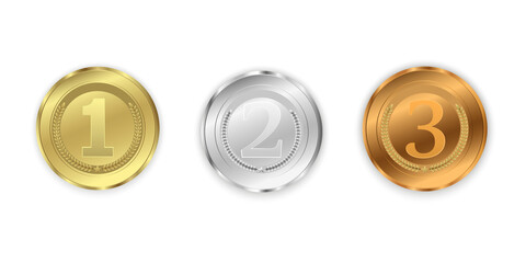 Gold silver bronze award medals with ribbons on black opaque background, first second third place ranking concept, realistic achievement icons.