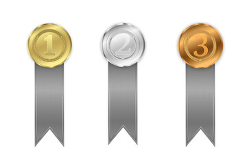 Gold silver bronze award medals with ribbons on black opaque background, first second third place ranking concept, realistic achievement icons.