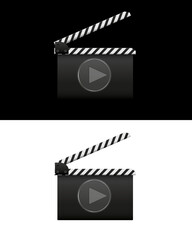 Cinema clapperboard with play icon on split black opaque background, video production concept, minimal modern media design.