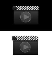 Cinema clapperboard with play icon on split black opaque background, video production concept, minimal modern media design.