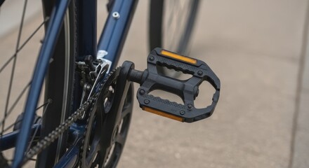 Closeup of a bicycle pedal and gear system on a blue bike on gray pavement