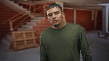Fototapeta premium Man shows exposed face tilting head, wearing green shirt and necklace in unfinished building with staircase and wooden pallet; determination resilience.