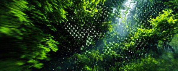 Eco technology background with green forest data pattern and motion blur