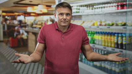 Obraz premium Man standing at beverage shelf in airport shop, palms up shrugging while looking puzzled; uncertain choice.