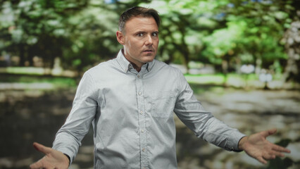 Man with hands raised palms up and arms open, shrugging and looking surprised while standing in a forest park setting; confusion uncertainty.