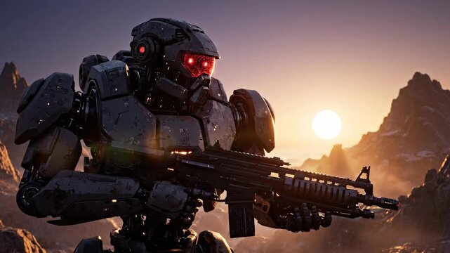 Futuristic robotic soldier firing a rifle at sunset