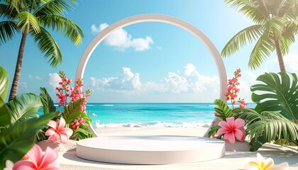 3D podium with copy space for product presentation on abstract Hawaii Palm Beach background. Minimalistic concept of tropical summer and vacation. Frame with flowers near podium 