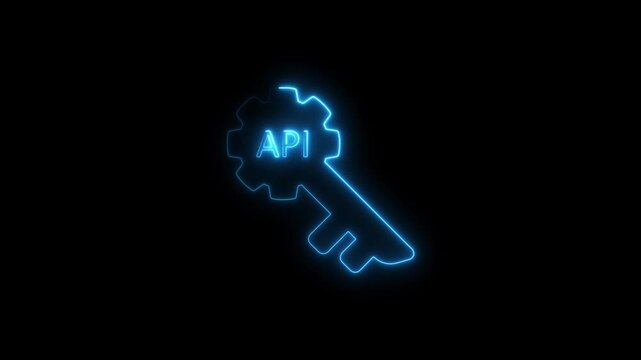 Neon glowing blue api key with gear on black background symbolizing application programming interface access and integration