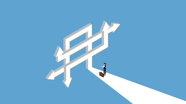 Businesswoman at Crossroads with Directional Arrows 3d animation cartoon