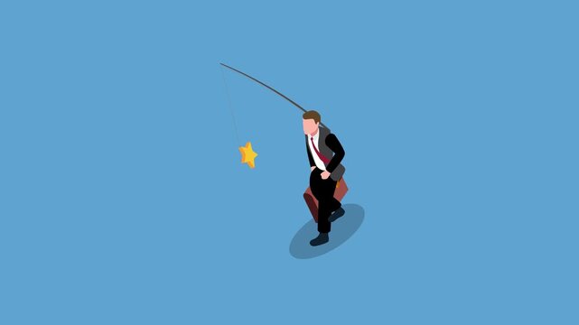 Businessman Reaching for Gold Star Success Goal 3d animation cartoon