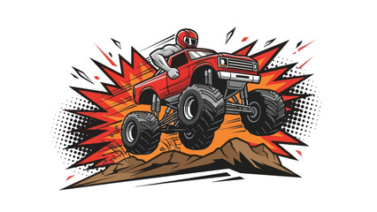 Monster truck jumping over terrain with explosive burst vector illustration © Muh