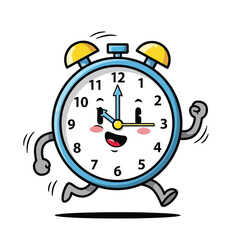 Charming cartoon alarm clock character running with a happy expression, symbolizing punctuality and the passage of time