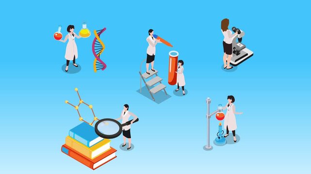 Women Scientists in Laboratory Research: Female Chemists and Biologists Working with DNA, Microscopes, and Chemical Equipment 3d animation cartoon