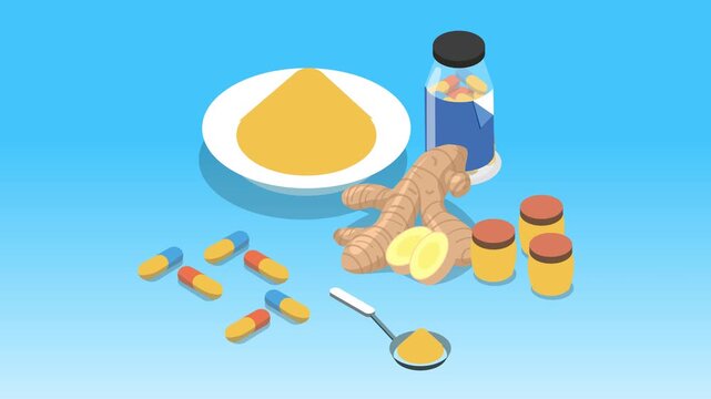 Natural Supplements and Herbal Medicine Concept: Ginger Root, Turmeric Powder, and Vitamin Capsules for Healthy Lifestyle 3d animation cartoon