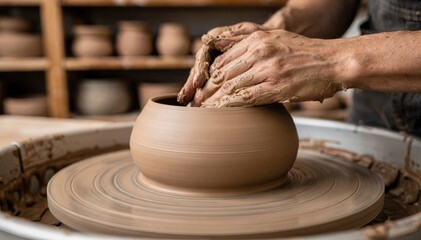 Claycovered hands molding a bowl on the potters wheel in sharp focus soft outoffocus shelves with drying ceramics create a creative atmosphere.
