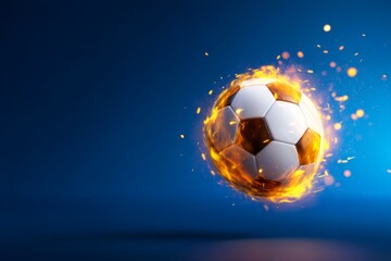 Naklejka premium 3D Soccer Ball with Glowing Flame Effects on Abstract Blue Background