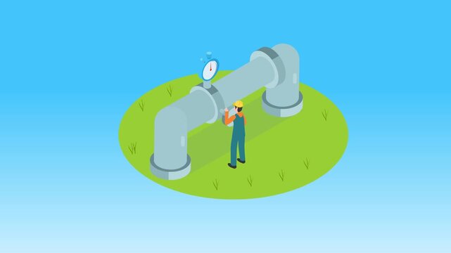 Industrial Pipeline Maintenance: Engineer Inspecting Gas or Water Pipe 3d animation cartoon