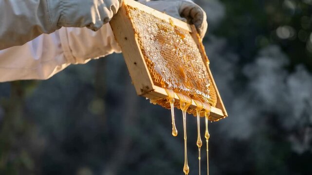 A beekeeper holds a frame filled with honeycomb as golden honey drips down. This process highlights honey extraction in apiculture
