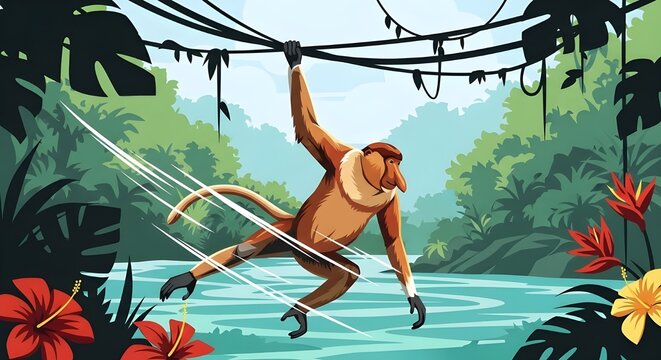 A proboscis monkey (Nasalis larvatus), an endemic species of Borneo, swinging on vines in a lush mangrove forest or tropical jungle setting. The illustration shows the unique primate with its long nos