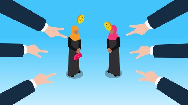 Religious Discrimination and Islamophobia Concept: Muslim Women Pointed at by Hands 3d animation cartoon