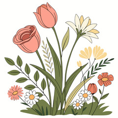 A vibrant bouquet of flowers with red, yellow, and white blossoms surrounded by green leaves