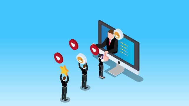 Business Feedback and Online Reputation Management Concept with People Giving Ratings and Positive Reviews to a Professional on Screen 3d animation cartoon