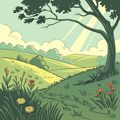 A serene landscape with a large tree and a vibrant meadow under a clear blue sky.