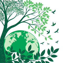 A vibrant illustration of a tree and birds on a globe with green leaves and branches.