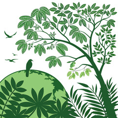 A lush green hillside with a large tree and various plants in the foreground