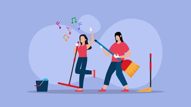 Happy Couple Having Fun Cleaning Home While Singing and Dancing with Mop and Broom cartoon animation