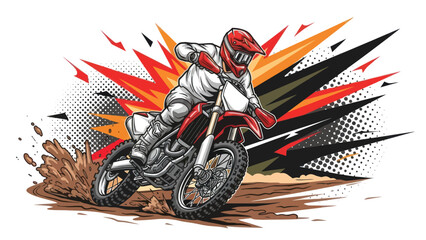 Motocross rider racing on dirt track with explosive graphic illustration © Muh